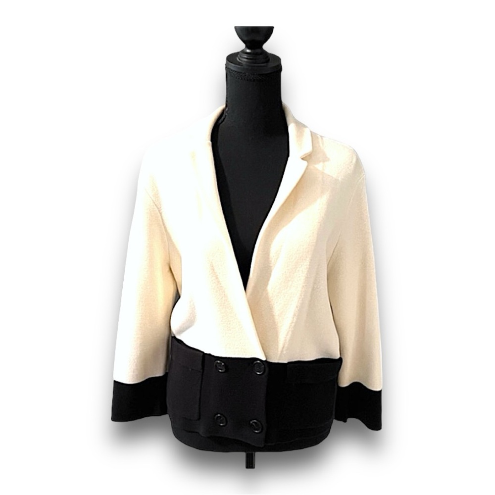 LOFT black ivory double breasted knit blazer-like cardigan with pockets L